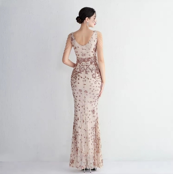 Gold, Floral Print,  V Neck,  Beaded Draped Sleeves,  Contrast Sequined Gown - Picture 3 of 16